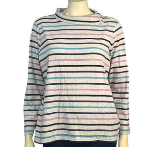 T by Talbots Sz 1X Long Sleeve T-Shirt Top Collar w/Snaps on Shoulder Striped